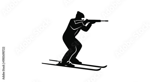 A dynamic depiction of a biathlete in action aiming a rifle while cross country skiing a striking silhouette