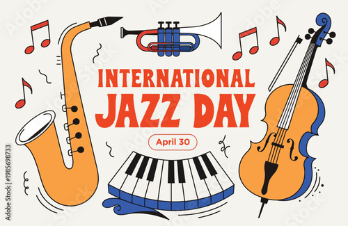 International Jazz Day Celebration Poster Featuring Saxophone Trumpet Piano and Bass Instruments