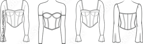 Structured corset top technical drawing set, strapless bustier with sheer long sleeves option, front and back views – vector illustration