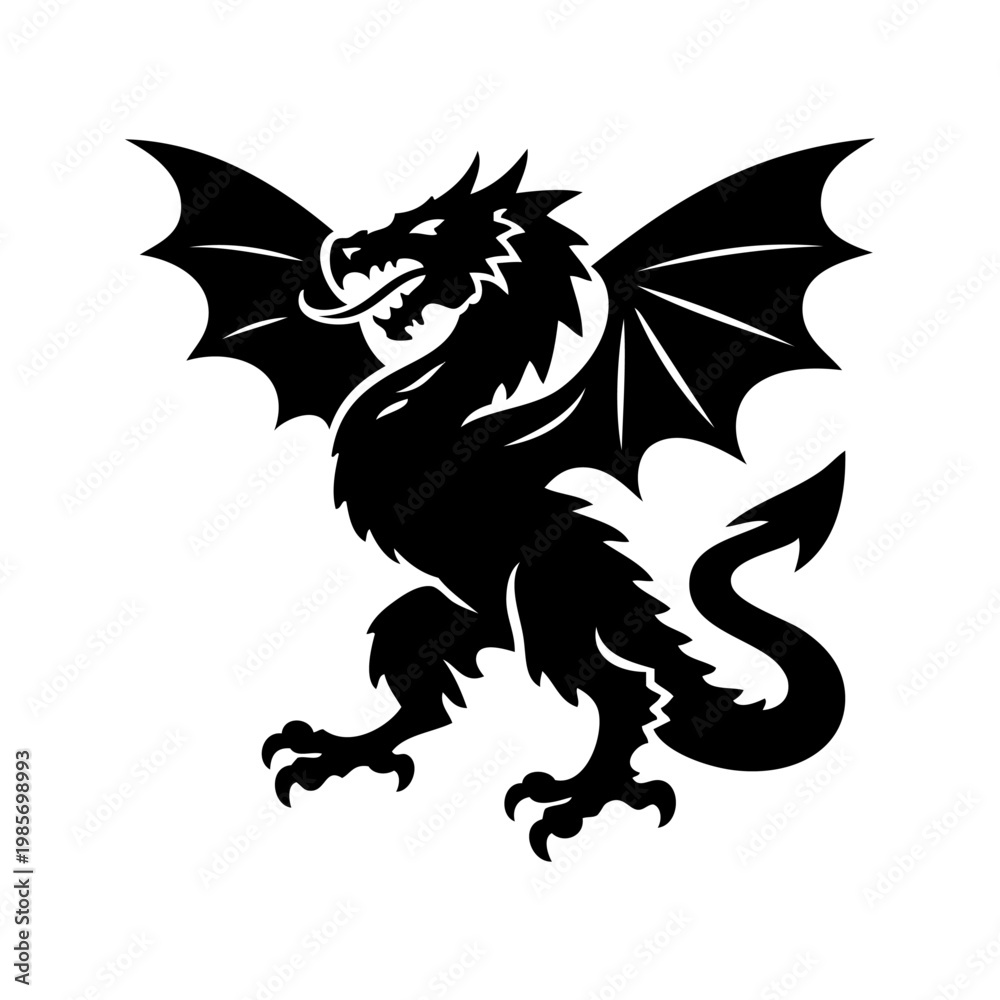Obraz premium Logotipo con la silueta de un dragón tipo wyvern con las alas abiertas, al estilo clásico de los emblemas medievales