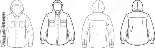 Stylish men’s hooded button-up jacket shirt, front and back views, dual chest pockets, casual outerwear apparel template – vector illustration
