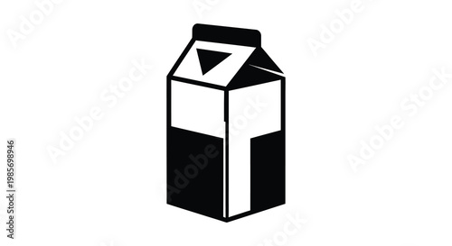 A stark black and white graphic depicts a milk carton shape offering a simplified representation of the object silhouette