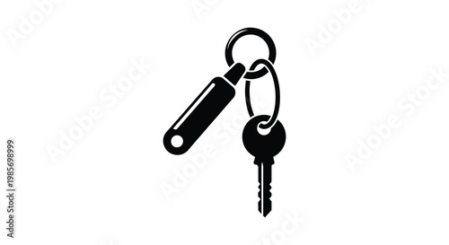 A stark black graphic depicts keys and a fob on a keyring presented as a clean silhouette