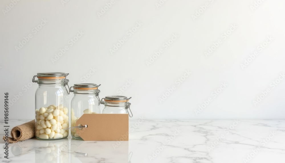 Obraz premium Clear Glass Jars with Marshmallows and Empty Tag on Marble Surface. Three clear glass jars of different sizes containing white marshmallows and an.