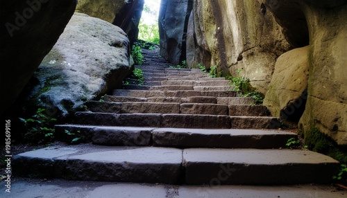Ancient stone staircase ascending between rugged rock formations outdoors.