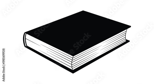 A stark black silhouette of a closed book resting on a surface displaying simple lines and form silhouette