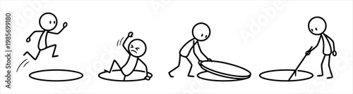 Conquering urban obstacles a stick figure's dynamic struggle with an open manhole