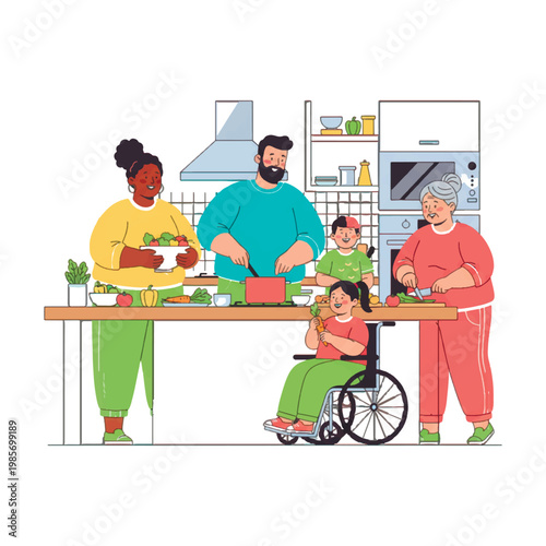 Happy diverse multi-generational family cooking together in a modern kitchen. Inclusive illustration featuring a girl in a wheelchair, parents, and grandmother preparing a healthy meal.