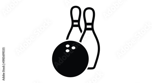 A simple black graphic depicts bowling pins and a ball in a minimalist style silhouette high quality professional