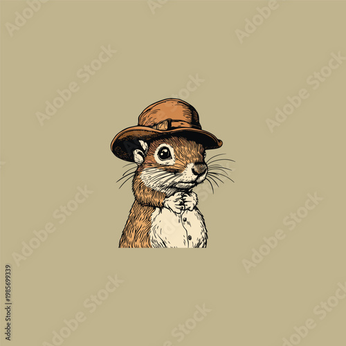 Vintage hand-drawn illustration of a cute squirrel wearing a classic hat