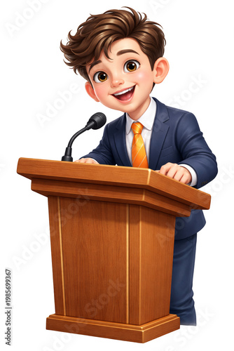 Cartoon boy speaking at wooden podium with microphone