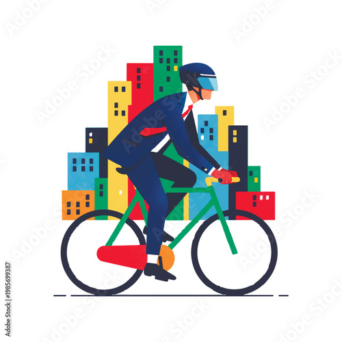 Stylized vector illustration of a businessman in a blue suit riding a bicycle against a colorful city skyline. Modern flat art depicting eco-friendly urban commuting and active lifestyle.