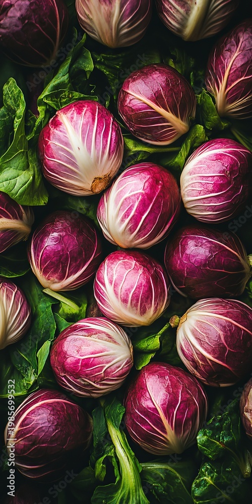 Obraz premium Vibrant Macro Still Life of Radicchio with Scarlet and White Textures on Lush Green Leavescape