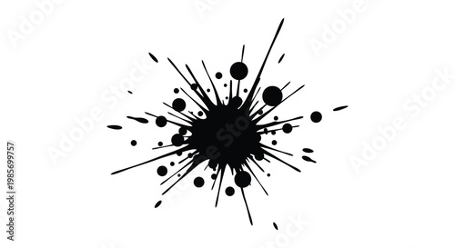 An abstract explosion of black ink splatters and dots radiating outwards creating a dynamic visual effect silhouette