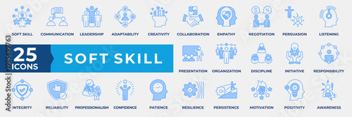 Soft Skill Icon Set. Containing Professional, Communication, Leadership, Adaptability, Creativity, Collaboration, Empathy, Negotiation, Presentation, deal and more. Simple Blue Vector Illustration.