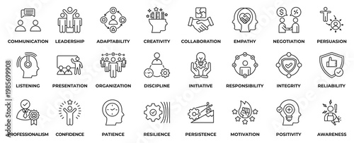 Soft Skill Icon Collection Set. With Icon Soft Skill, Communication, Leadership, Adaptability, Creativity, Collaboration, Empathy, Negotiation, Presentation and more. Outline Style Vector Illustration