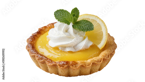 Fotografie Golden lemon tart with whipped cream mint and lemon slice, isolated on transpare