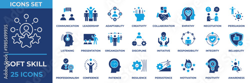 Soft Skill Icon Set. Containing  Communication, Leadership, Adaptability, Creativity, Collaboration, Empathy, Negotiation, Presentation, Professionalism and more. Flat Blue Icon Vector Illustration.