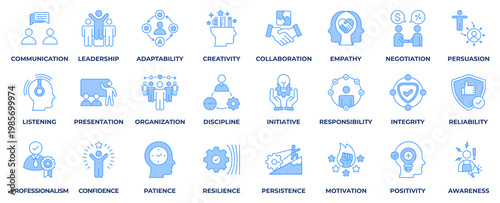 Soft Skill Icon Collection Set. With Icon Soft Skill, Communication, Leadership, Adaptability, Creativity, Collaboration, Empathy, Negotiation, Presentation and more. Blue Style Vector Illustration.