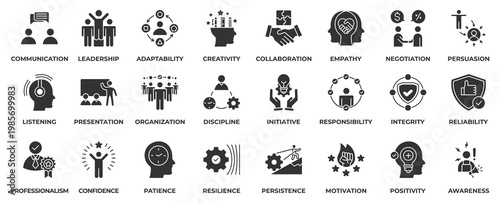 Soft Skill Icon Collection Set. With Icon Soft Skill, Communication, Leadership, Adaptability, Creativity, Collaboration, Empathy, Negotiation, Presentation and more. Glyph Style Vector Illustration.