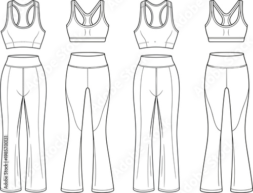 Women’s activewear set technical drawing, sports bra and high waist leggings, fitness outfit design, front and back views – vector illustration
