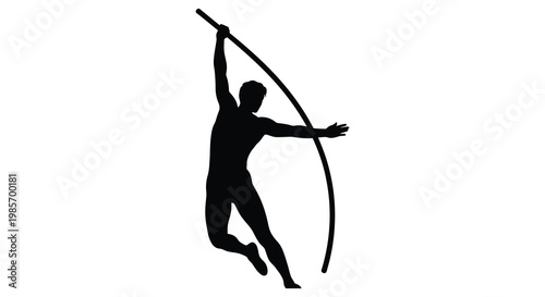 A dynamic black silhouette of a pole vaulter in mid air showcasing athletic prowess and form silhouette