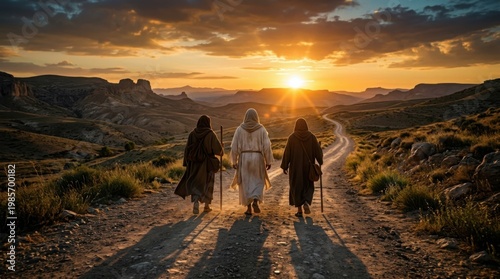 Three figures walking on a dirt road at sunset