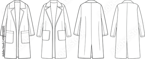 Women’s long coat technical drawing set, tailored overcoat with lapel collar and pockets, front and back views – vector illustration