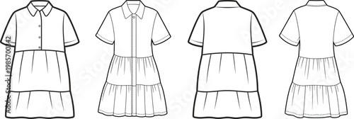 Women’s tiered shirt dress technical drawing set, short sleeves with collar, front and back views, clean outline – vector illustration