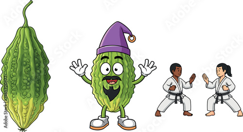 Bitter melon vegetable with funny cartoon character and martial arts kids vector illustration healthy food and activity concept set