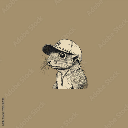 Vintage hand-drawn illustration of a cute squirrel wearing a classic hat