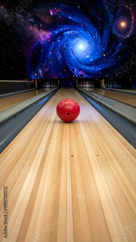 A lone red bowling ball on a wooden lane