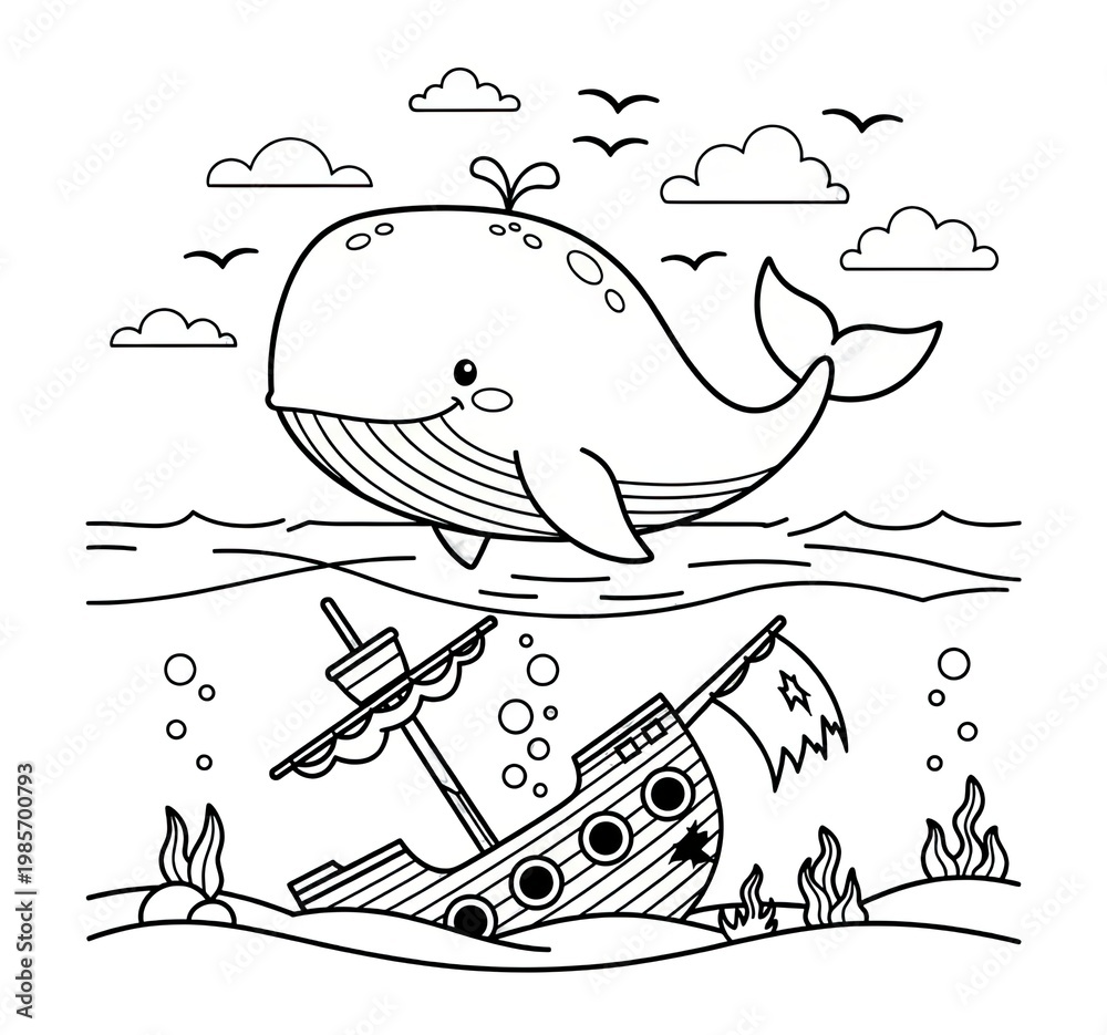 Fototapeta premium Whale jumping over shipwreck, underwater scene, coloring book