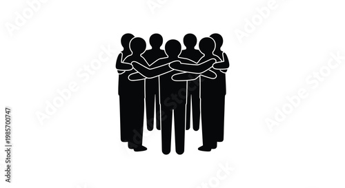A group of people standing closely together with arms linked depicted in a stark black silhouette high quality
