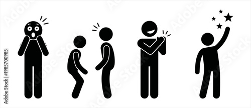 Stick figure characters expressing surprise, admiration, and celebration