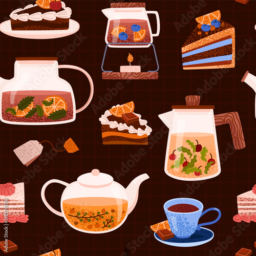 Seamless pattern of aromatic hot black and herbal teas with berries. Tea party. Cup, mug, a slice of chocolate cake with orange. Traditional drink. Healthy and relaxing tea. Vector illustration.