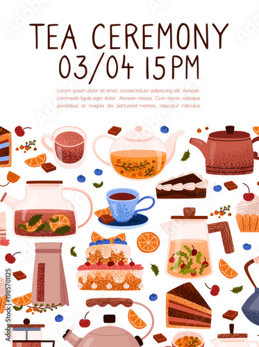 Greeting card with aromatic hot black and herbal teas with berries. Tea party. Cup, mug, a slice of chocolate cake with orange. Traditional drink. Poster. Healthy and relaxing tea. Vector illustration