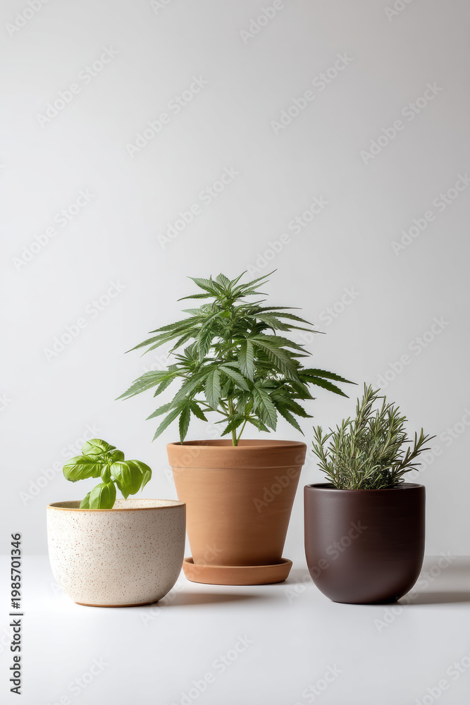 Fototapeta premium Three potted plants including cannabis, basil, and rosemary on white table, minimalist background, natural light, healthy foliage
