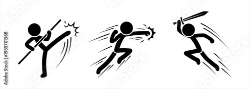 Action-packed stick figures demonstrating martial arts, archery, and sword combat
