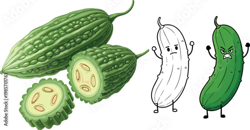 Bitter melon vegetable with sliced pieces and cute cartoon characters vector illustration healthy organic food and funny design set