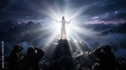 Jesus christ transfigured on a mountain top with disciples