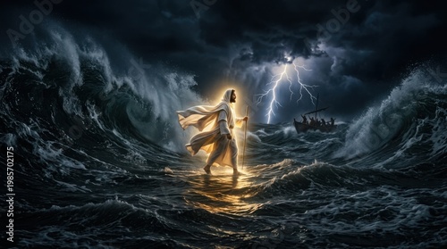 Jesus walking on water during a storm