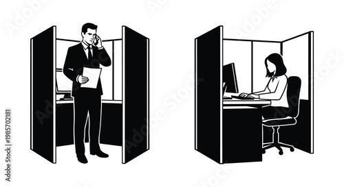 A black and white illustration depicts two office workers in cubicles one on the phone a distinct silhouette
