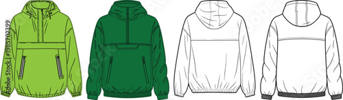 Stylish hooded windbreaker jacket mockup set, front and back views, lightweight outerwear design with zipper pockets – vector illustration