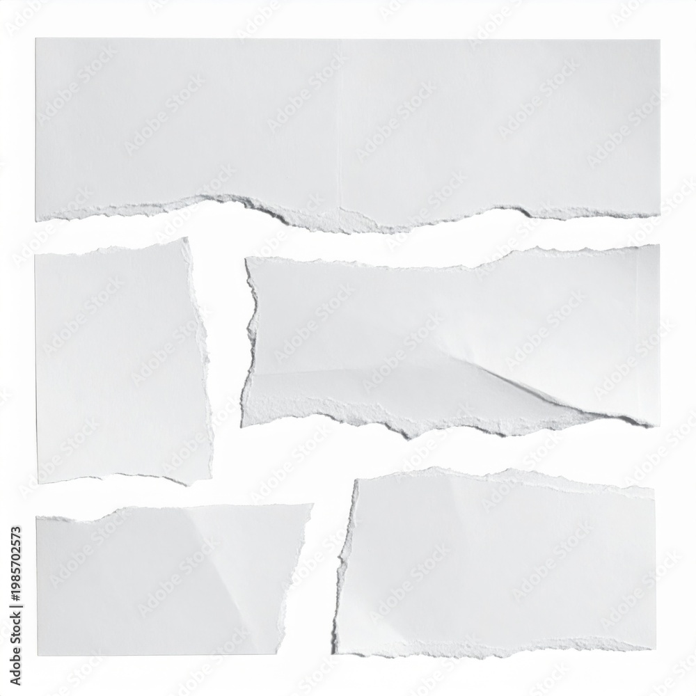 Naklejka premium Torn Paper Fragments Isolated on White Background with Rough Edges and Shadows