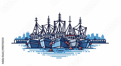 A row of fishing boats docked at a harbor with a cityscape background