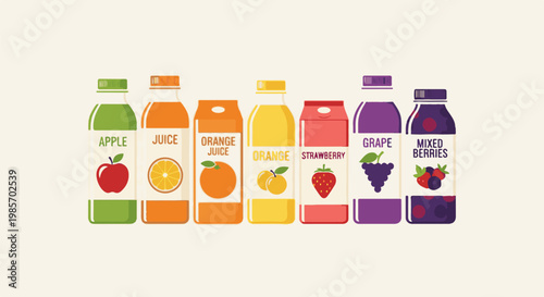 A row of diverse fruit juice bottles with colorful labels and illustrations