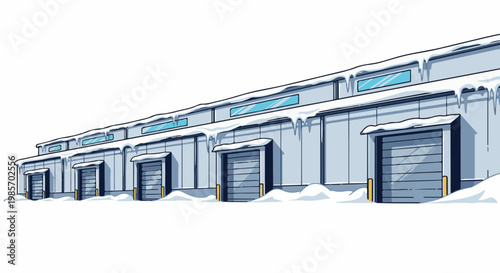 A row of industrial warehouses covered in snow and icicles, with closed roll-up doors