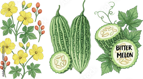 Bitter melon vegetable with yellow flowers botanical elements and sliced view vector illustration organic healthy food design set
