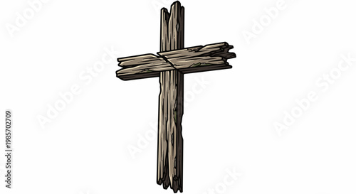 A rustic, weathered wooden cross with a rough, splintered texture and mossy accents
